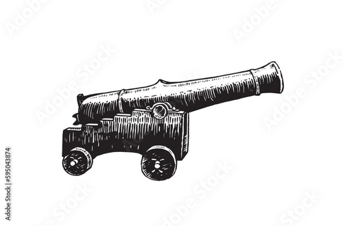 Graphical illustration with medieval gun, a type of artillery piece isolated on white background, vector element of military weapon for coloring,tattoo,design