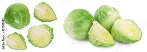 Green cabbage with half isolated on white background with full depth of field. Top view with copy space for your text. Flat lay