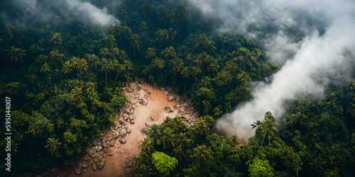 Aerial view of tropical rainforest. Clouds of fog over a wild river in the jungle. Generative AI 
