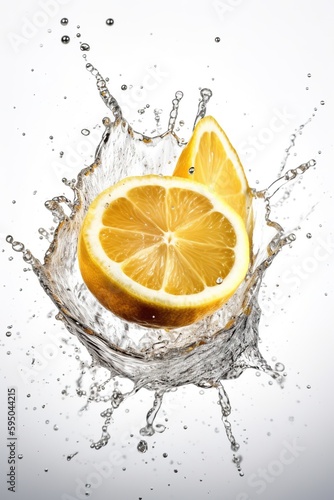 Lemon Sliced, Explosion, Splashing Water Everywhere! White Background, Generative AI