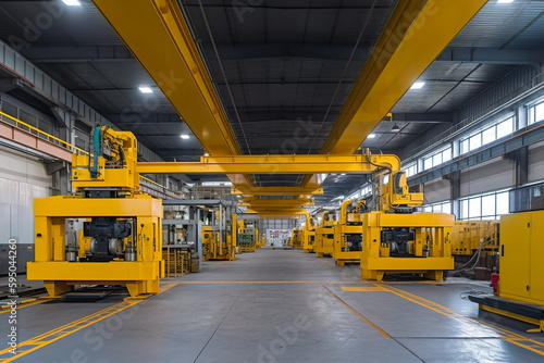 Production hall with large yellow presses for stamping automobile body parts, overhead crane on the ceiling of the hall, no people. Generative AI photo