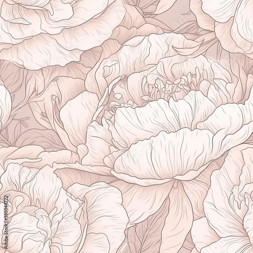 A botanical energize of well off peony makes portrayed through a unfaltering energize of hand-drawn lines and fluid reflection. Seamless pattern, AI Generated