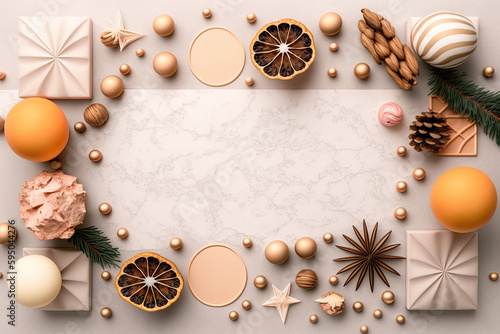 Lay flat photography background of beautiful, decorative, Christmas themed items, decorations, spices, orange, cinnamon. Perfect for recipe or food products.