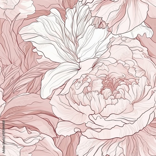 A botanical energize of well off peony makes delineated through a unfaltering energize of hand-drawn lines and fluid reflection. Seamless pattern, AI Generated