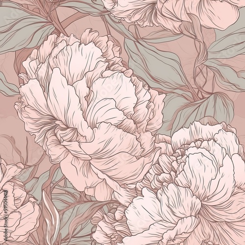 A botanical energize of well off peony makes depicted through a unfaltering energize of hand-drawn lines and liquid reflection. Seamless pattern, AI Generated