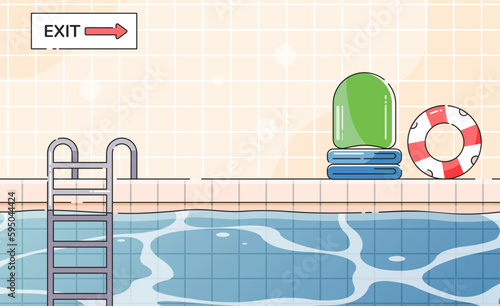 Public swimming pool inside with blue water. Flat cartoon vector illustration.