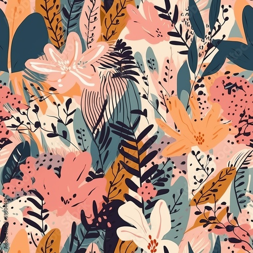 A cutting edge dependable arrange highlighting a charming, colorful tropical blossom orchestrate with curiously botanical components. Seamless pattern, AI Generated