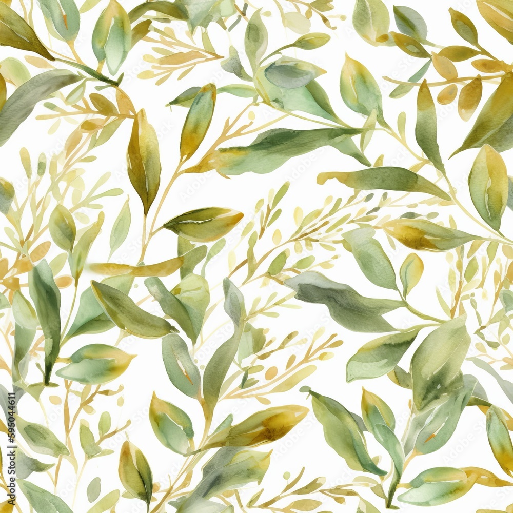 An portrayed out watercolor energized border highlighting green and gold takes off and branches, idealize for wedding stationary. Seamless pattern, AI Generated