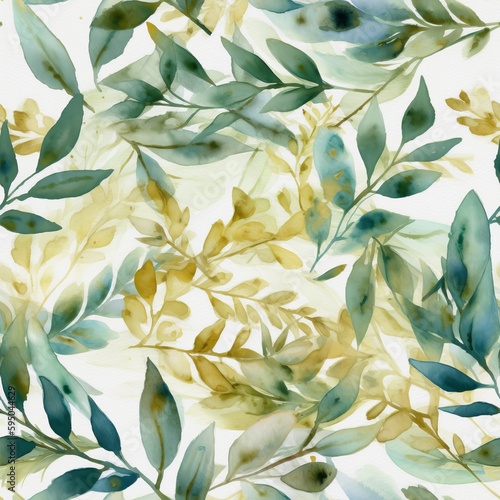 An portrayed out watercolor energized border highlighting green and gold takes off and branches, idealize for wedding stationary. Seamless pattern, AI Generated