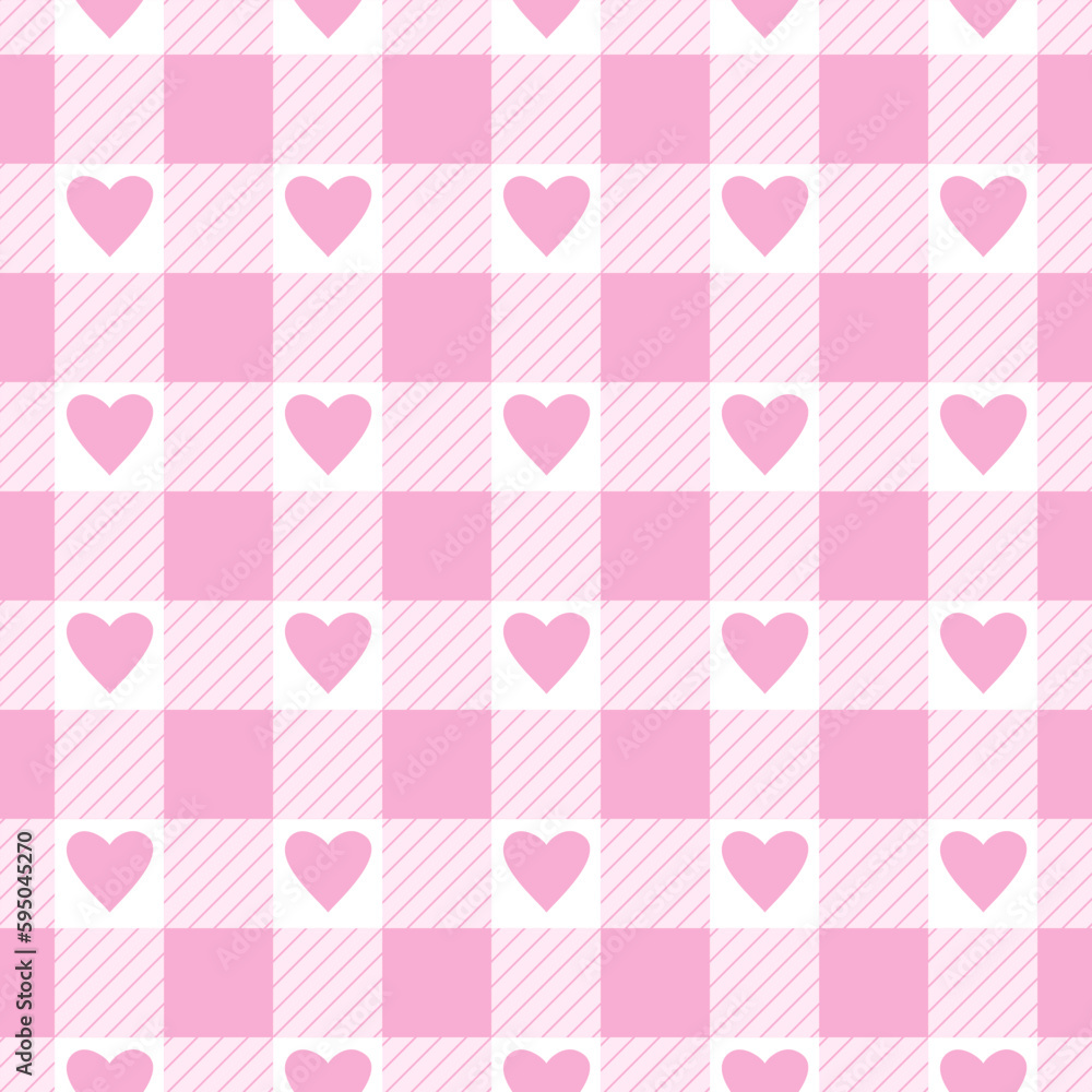 Vector seamless pattern with gingham check and hearts in pink and white colours for Valentines day Vector seamless pattern with gingham check and hearts in pink and white colours for Valentines day