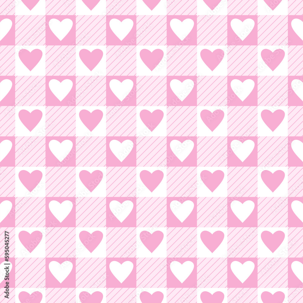 Vector seamless pattern with gingham check and hearts in pink and white colours for Valentines day Vector seamless pattern with gingham check and hearts in pink and white colours for Valentines day