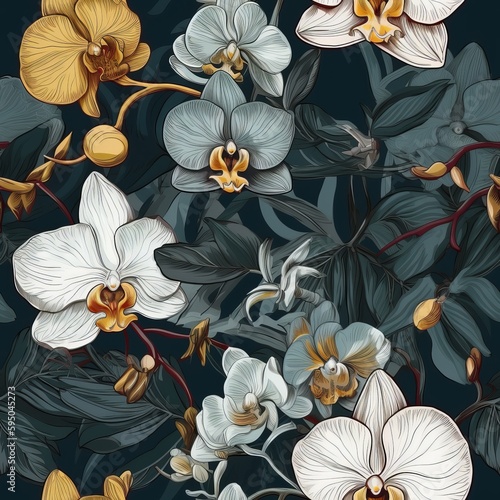 Luxury establishment organize checking sensible, obliged making orchid makes in a tropical make make organize. Seamless pattern, AI Generated photo