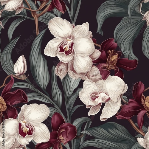 Extravagance foundation organize checking sensible, obliged making orchid makes in a tropical make make organize. Seamless pattern, AI Generated photo