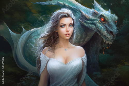 Enchanting illustration of a young princess in a gorgeous gown with a mystical dragon, reflecting the unique connection between them. Generative AI photo