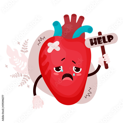 Sad suffering sick human organ heart. Cute character crying and asks for help. Vector illustration. Organ mascot in cartoon style. Concept attack illness and pain .