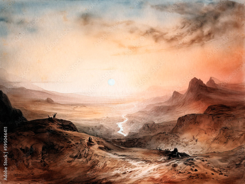 Misty Mountain Range in the Distance: A Watercolor Landscape - generative AI