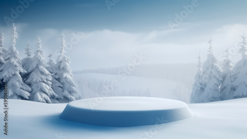  wintry landscape with snow and with podium for luxury product presentation and advertising, gerenative AI © Marcus Jacobi