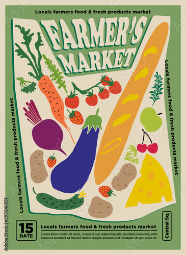 Farmers market or fair flyer or poster design template with hand drawn styled bag filled with farm eco products and vegetables on green background. Vector illustration