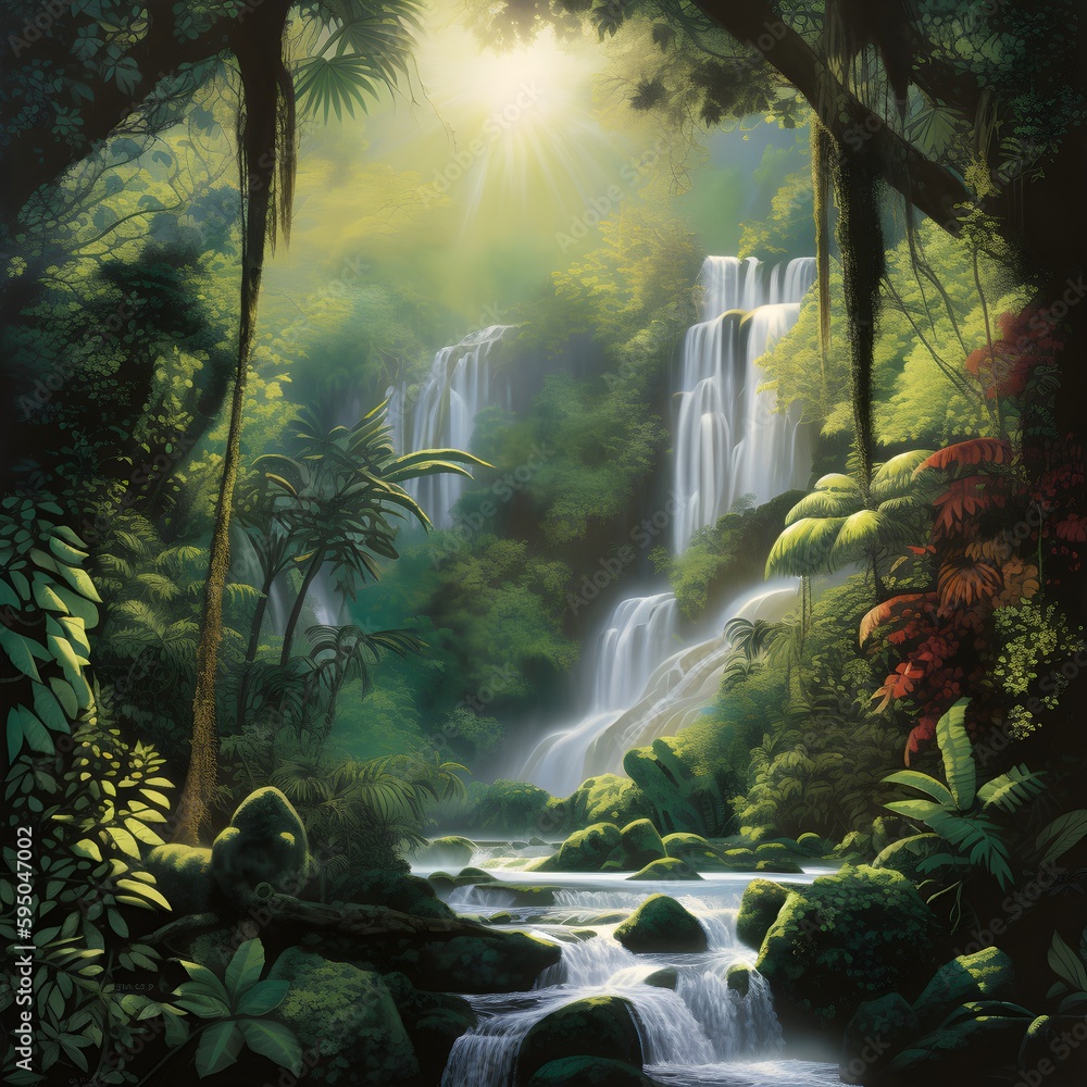 waterfall flowing over a lush green forest, in the style of illuminated visions, official art. Tropical Forest. Generative AI.