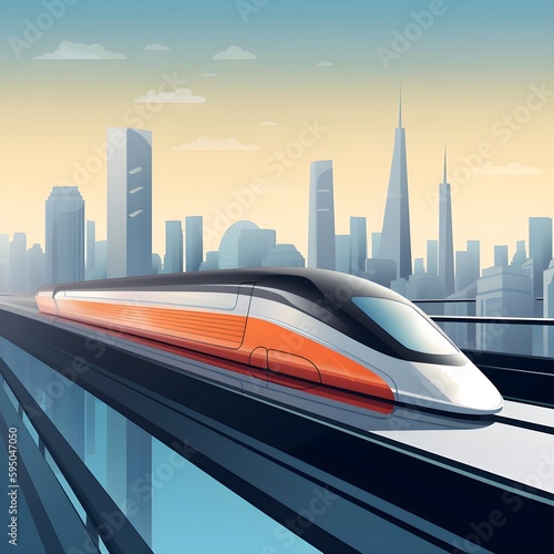 Embark on a journey into the future with an illustration of a futuristic high-speed train swiftly gliding out of a bustling metropolis. Generative AI © PSCL RDL