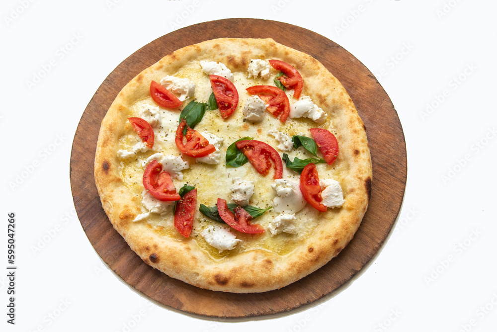 Pizza with mozzarella, fresh mozzarella, tomato, basil on white background