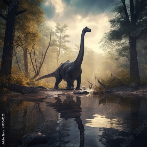 森を歩くブラキオサウルス：AI作品  © fumoto-lab