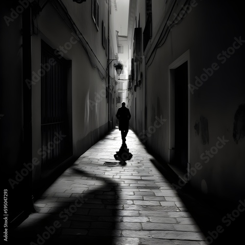 Step into the solitude of a small street as a lone figure walks, casting a captivating shadow. Feel the quiet introspection and sense of serenity. Generative AI