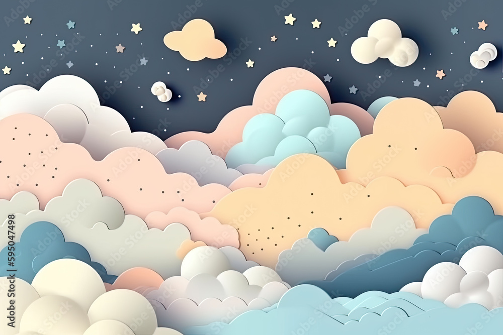 Paper art style clouds with stars, created with Generative AI