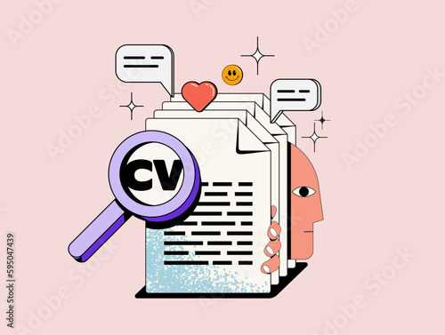Recruiting or hiring or employment or human resources or team management concept with stack of cv resume and human face looking from it. Vector illustration