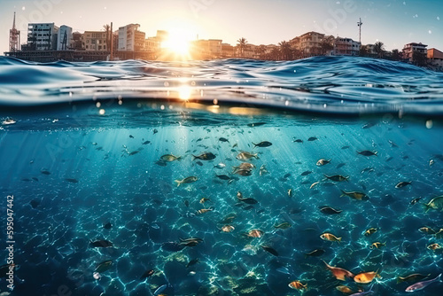 Tropical fish underwater and seaside town at sunrise, split view above and below water surface, created with Generative AI.