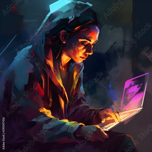 Unleash the power of a digital mastermind as an illustration captures the essence of a female hacker, determinedly breaching a network with her trusty laptop. Generative AI