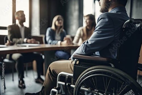 close up view of businessman sitting at wheelchair at meeting and having meeting in modern office, created with Generative AI