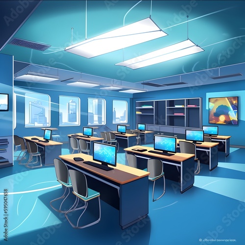 Step into the future of education with an illustration of a futuristic school classroom adorned with computers and lush green plants. Generative AI