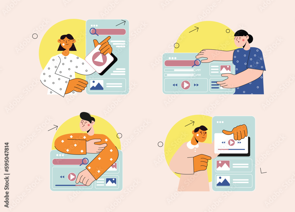 Set concept Content manager with people scene in the flat cartoon design. Content specialists work on creating content for web sites. Vector illustration. Set concept Content manager with people scene in the flat cartoon design. Content specialists work on creating content for web sites. Vector illustration.