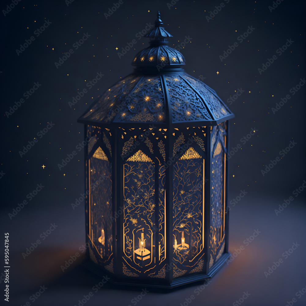 Eid al-Fitr | 3D animation of a traditional Eid al-Fitr lantern, with intricate designs and patterns and glowing lights, set against a starry night sky.arabic lantern of ramadan celebration. Ai
