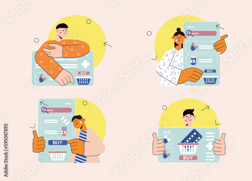 Online medicine set concept with people scene in the flat cartoon style. Patients choose medicines in an online pharmacy that they need to buy for treatment. Vector illustration.
