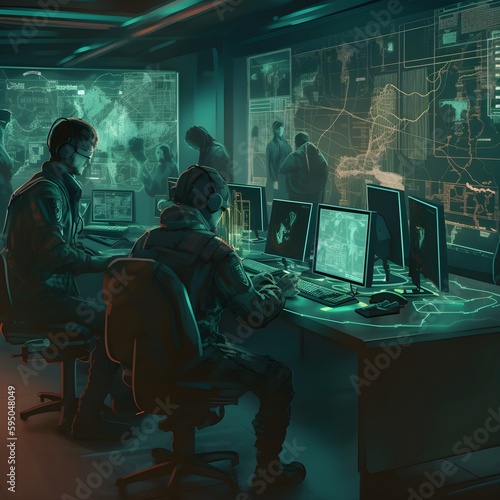 Illustration of special agents in suits gathered in a high-tech meeting room. Witness their strategic discussions around a holographic map, navigating through complex missions. Generative AI