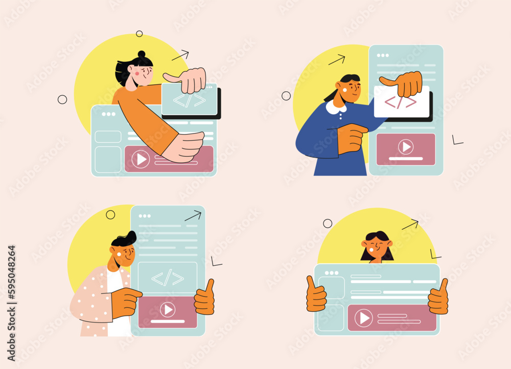 Programming set concept with people scene in the flat cartoon style. Program workers write a programming code using HTML and JAVA. Vector illustration. Programming set concept with people scene in the flat cartoon style. Program workers write a programming code using HTML and JAVA. Vector illustration.