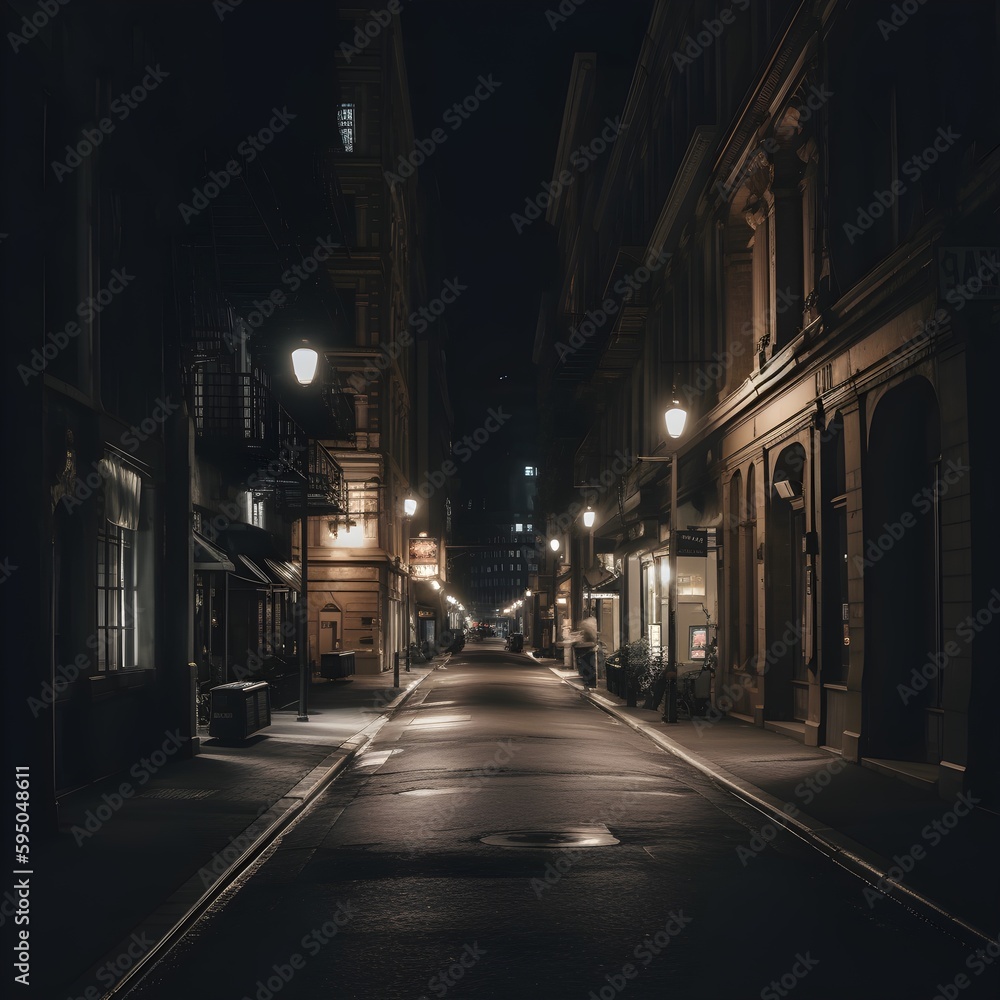 Experience the poignant beauty of a lonely street by night, adorned with a series of streetlights casting a soft glow. Feel the evocative mood and contemplative atmosphere. 