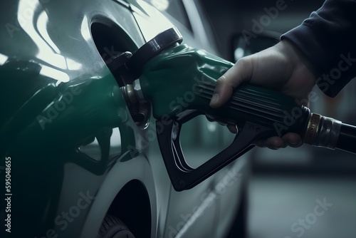 A person filling up their green car with petrol at the gas pump. Generative AI.