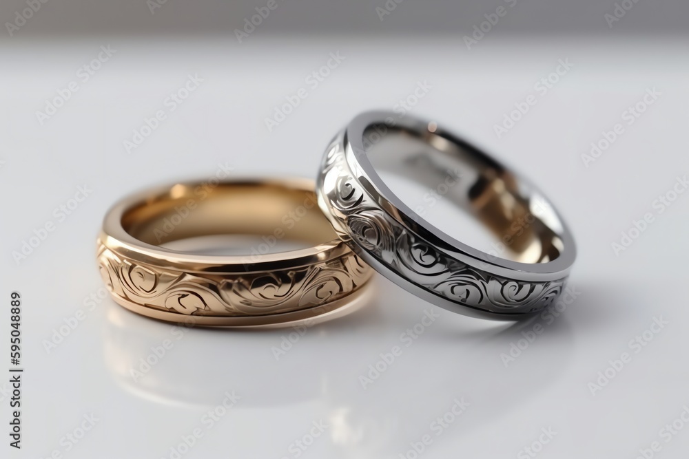 Gold And Silver Wedding Ring Set On White Background. Generative AI Gold And Silver Wedding Ring Set On White Background. Generative AI