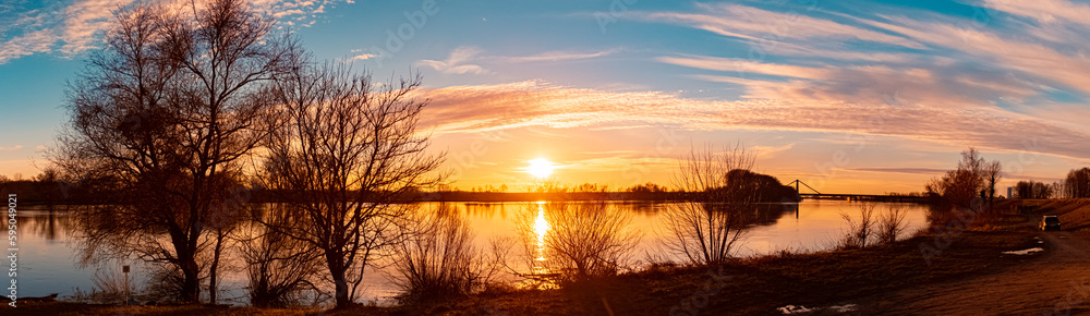 Sunset with reflections near Metten, Danube, Bavaria, Germany
