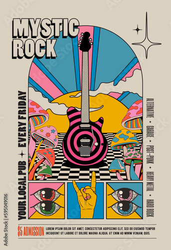 Fényképezés Retro vintage styled psychedelic rock music concert or festival or party flyer or poster design template with electric guitar surrounded by mushrooms with sunset on background