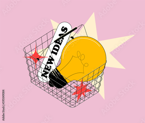 Searching or buying new ideas concept with bulb lamp as idea in outlined shopping cart isolated on pink background. Vector illustration