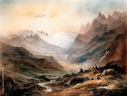 Misty Mountain Range in the Distance: A Watercolor Landscape - generative AI © Uolir