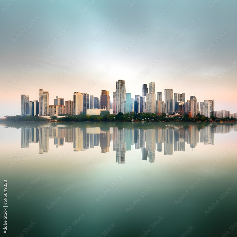 Experience the mesmerizing beauty of a city skyline reflecting in silent water by sunset with digital art. Witness the seamless integration of nature and urban living.