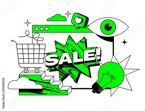 Online sale banner or poster design template with minimalistic retro design elements with green accent color on white background. Vector illustration
