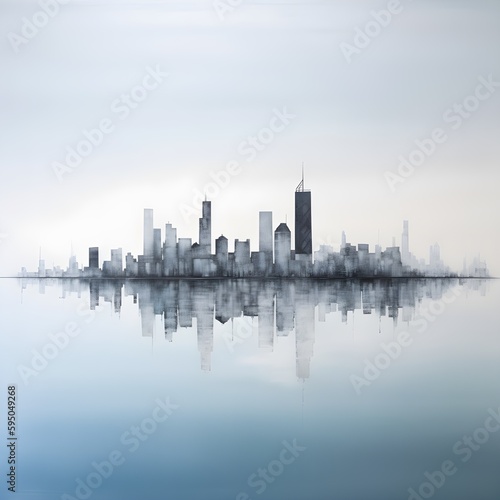 Experience the mesmerizing beauty of a city skyline reflecting in silent water with digital art. Witness the seamless integration of nature and urban living. © PSCL RDL