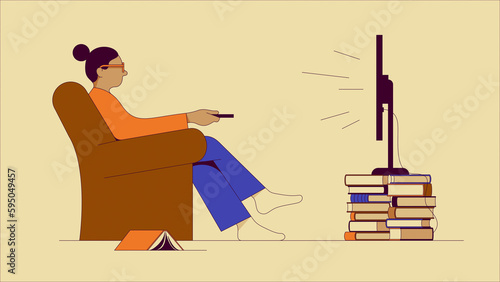 Woman preferring watching TV instead of reading