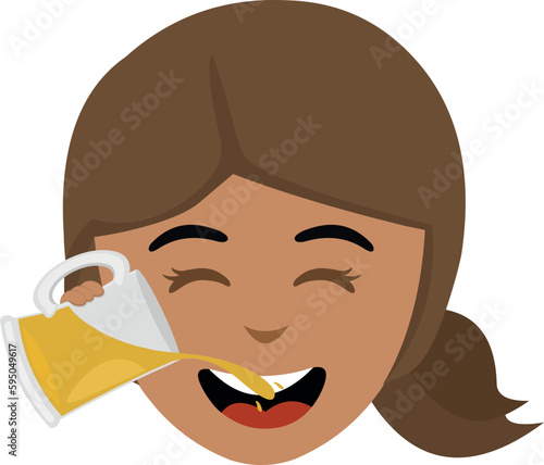 vector illustration face of a brunette woman cartoon drinking a glass of beer